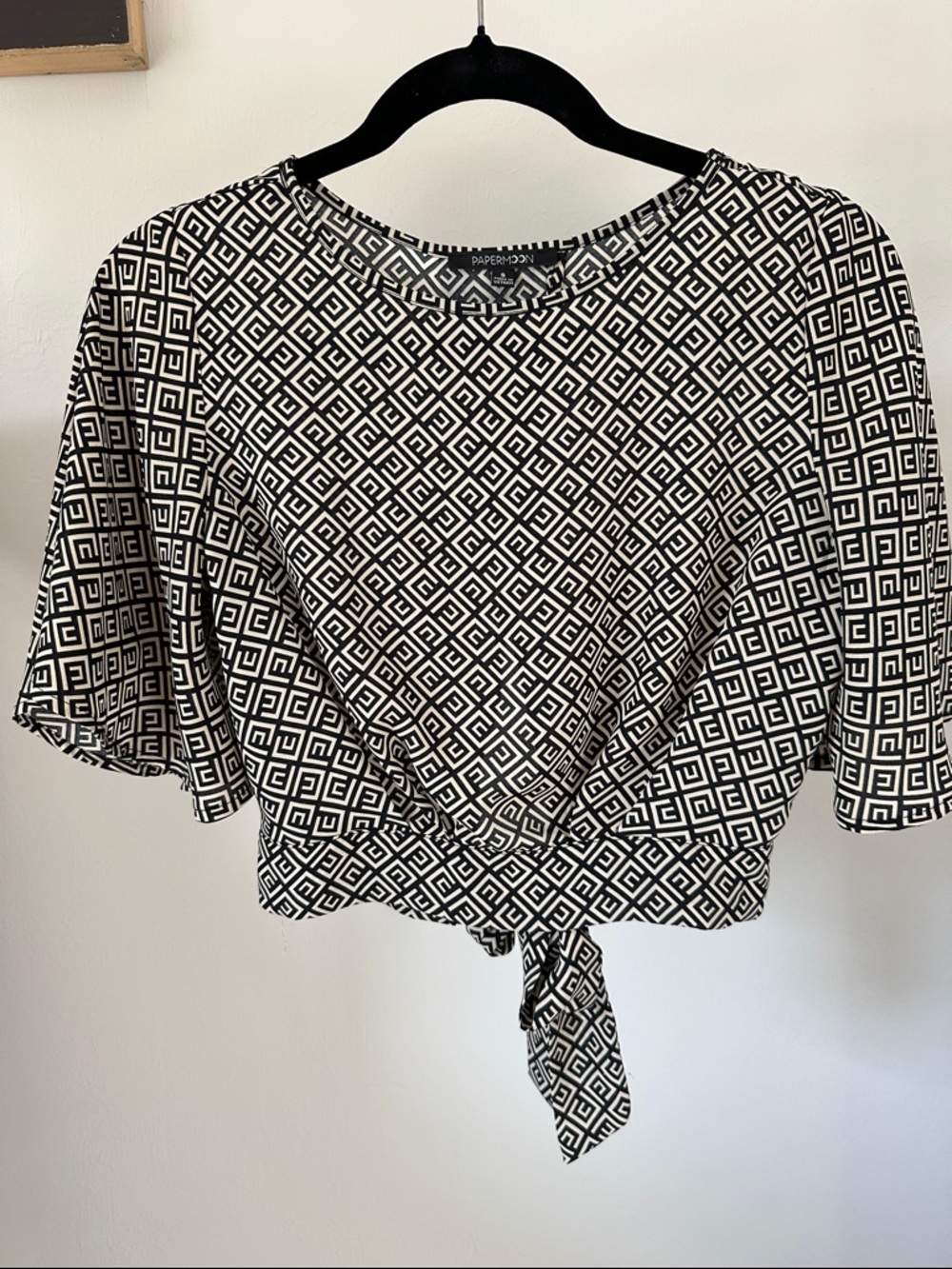 Papermoon Black & White Geometric Tie-Front Crop Top